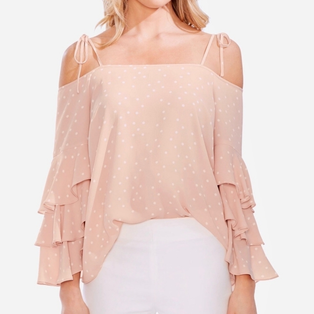 Vince Camuto Cold Shoulder Tiered Sleeve Pink & White Polka Dot Blouse Size XL